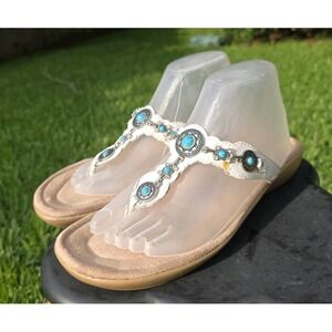 Minnetonka Shoes Women Size 9 Sandals Thing White Leather Silver Faux Turquoise